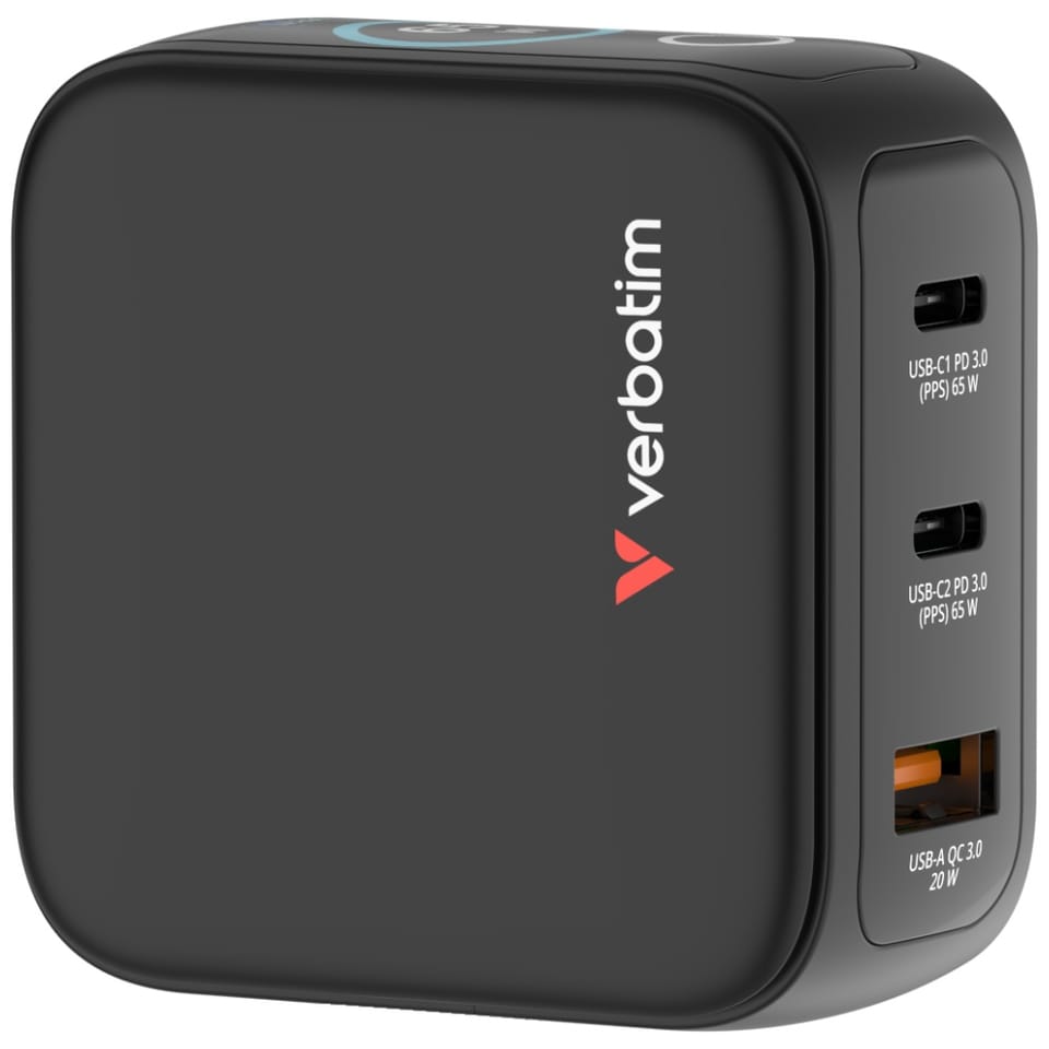 Verbatim, Mini ładowarka GaN z wyświetlaczem 2 x USB-C / 1 x USB-A, czarna, 65W, Wymienne wtyczki EU, UK, USA
