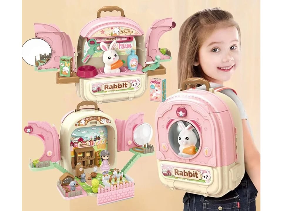 Królik w Plecaku Zabawka 3w1 Mini Farma Ogródek Plecak Domek Dla Lalek