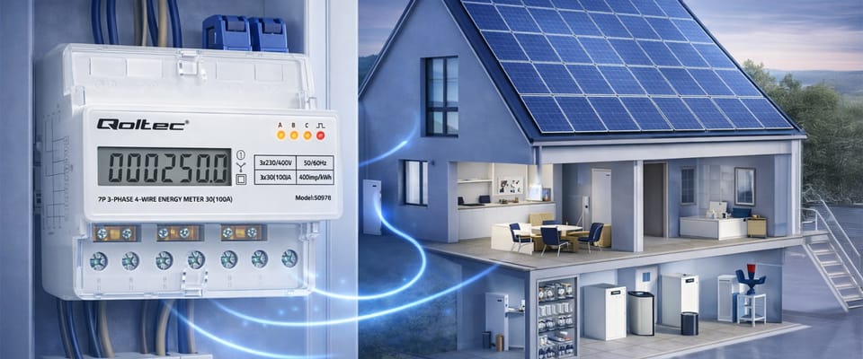 Qoltec Trójfazowy elektroniczny licznik | miernik zużycia energii na szynę DIN | 400V | 100A | LCD | LED | 7P