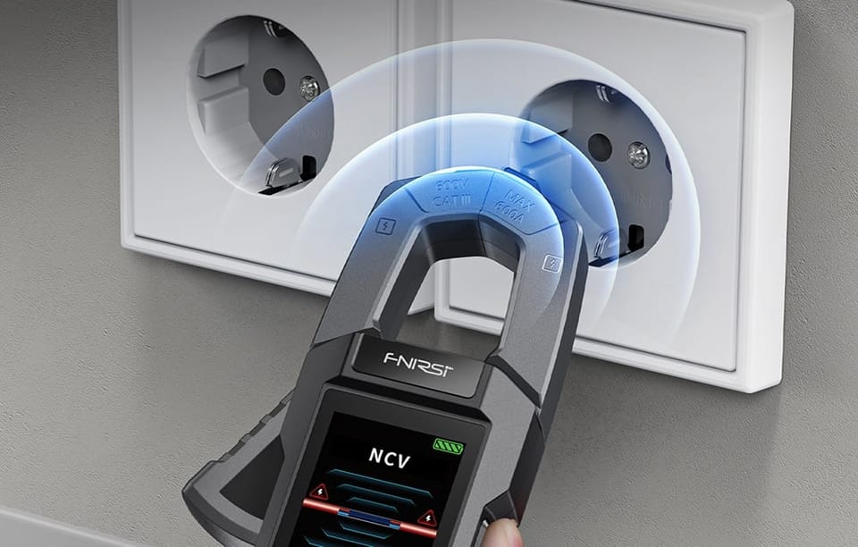 Zdjęcie przedstawia proces pomiaru napięcia za pomocą cyfrowego miernika cęgowego.