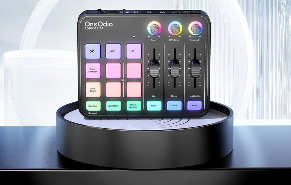 Mikser audio OneOdio Solocaster z podświetlanymi przyciskami, suwakami i pokrętłami, ustawiony na okrągłej czarnej podstawce