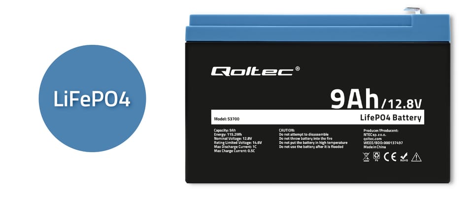Qoltec Akumulator LiFePO4 Litowo-Żelazowo-Fosforanowy | 12.8V | 9Ah | 115.2Wh | BMS