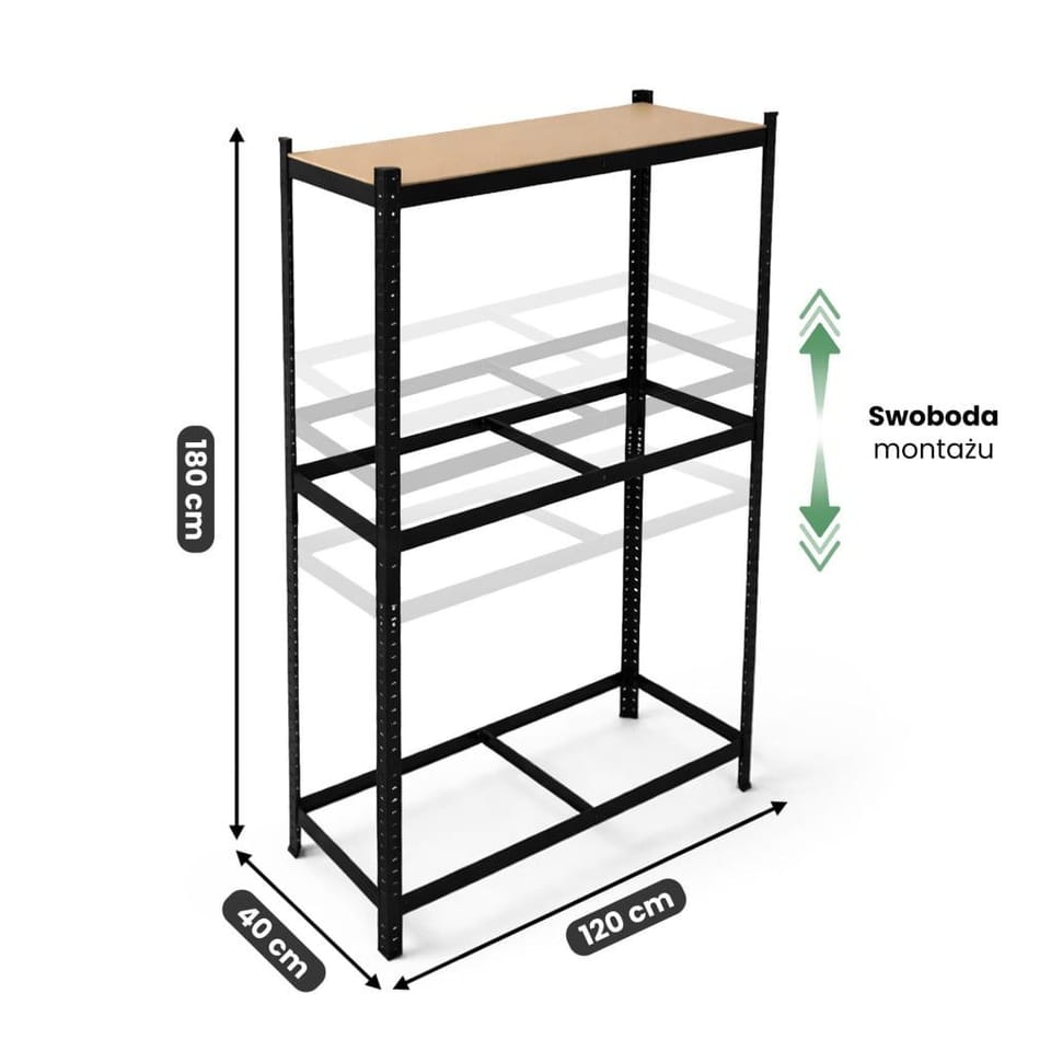 Regał na opony metalowy garażowy 120 cm 3 półki 120x40x180 Czarny