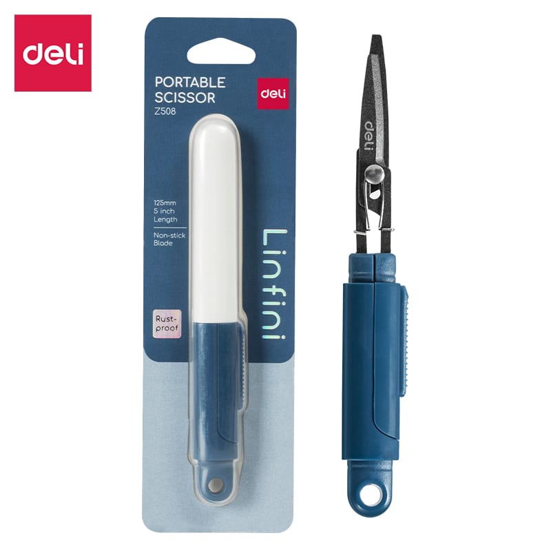 Nożyczki kompaktowe w bezpiecznym etui Linfini niebieskie EZ508B DELI