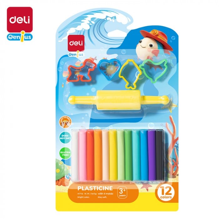 Plastelina 12 kolorów - zestaw z foremkami i wałkiem EH716 DELI
