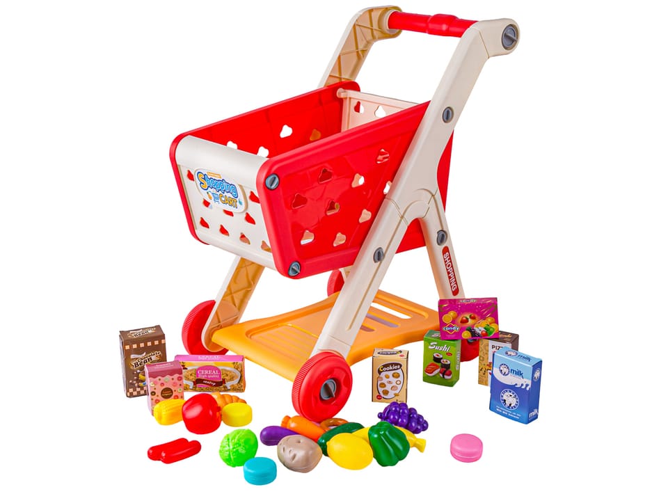 Wózek Na Zakupy CZERWONY Koszyk Sklepowy + Akcesoria Owoce Warzywa Supermarket