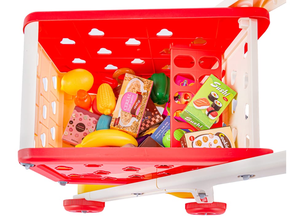 Wózek Na Zakupy CZERWONY Koszyk Sklepowy + Akcesoria Owoce Warzywa Supermarket