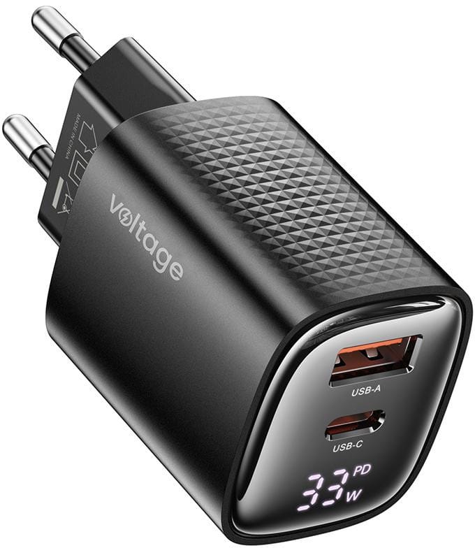 Ładowarka sieciowa Voltage GaN Charger Mini 33W PD 3.0 QC 3.0 USB-A USB-C Digital Display czarna