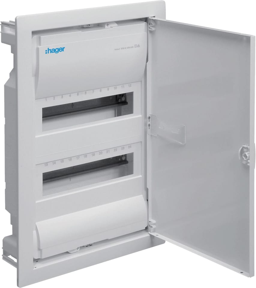 Rozdzielnica podtynkowa z drzwiami metalowymi, 2 rzędy, 24 moduły, IP30, QC, HAGER Volta VU24AT