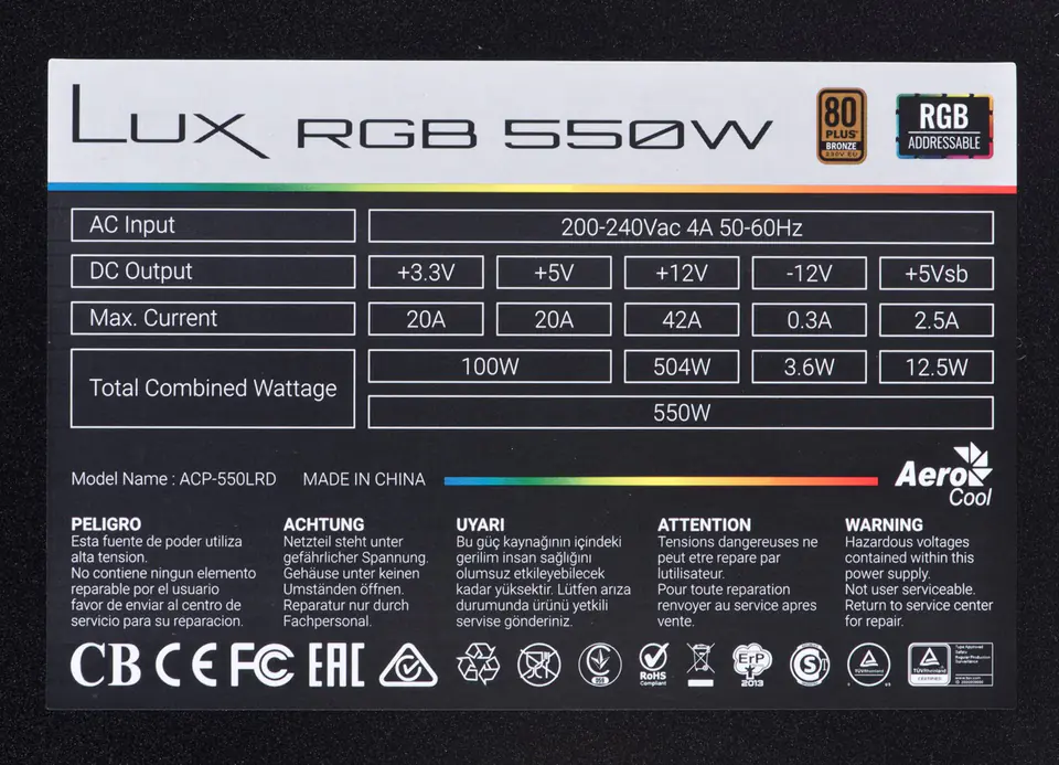 Aerocool LUX RGB 550W 80 Plus Bronze Zasilacz