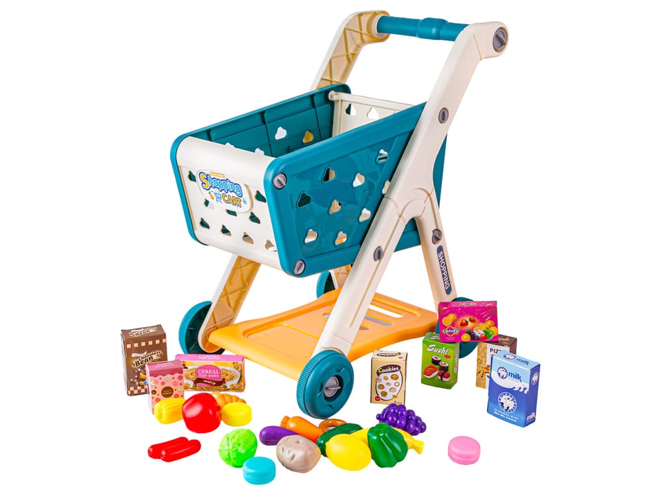 Wózek Na Zakupy NIEBIESKI Koszyk Sklepowy + Akcesoria Owoce Warzywa Supermarket