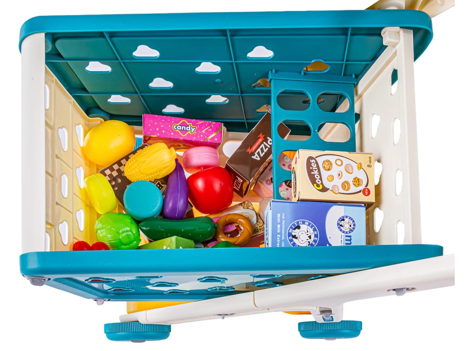 Wózek Na Zakupy NIEBIESKI Koszyk Sklepowy + Akcesoria Owoce Warzywa Supermarket