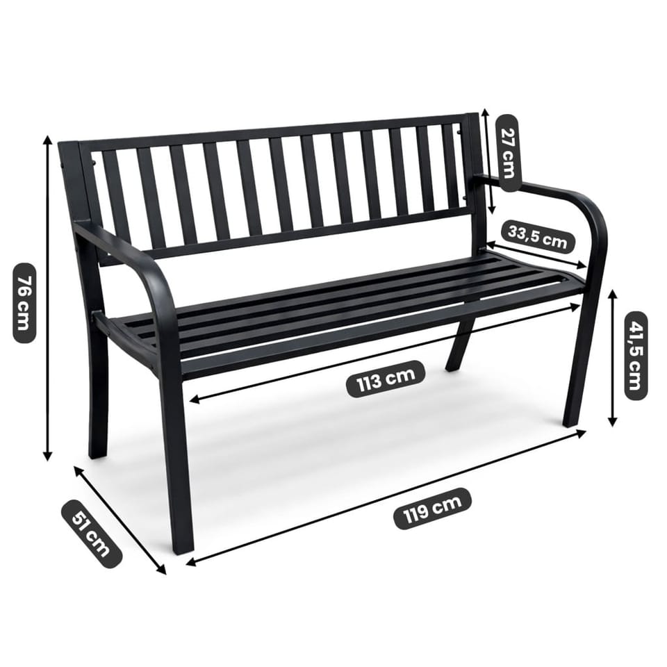 Czarna ławka ogrodowa LINEA ze stalowymi nogami i oparciem szerokość 119 cm