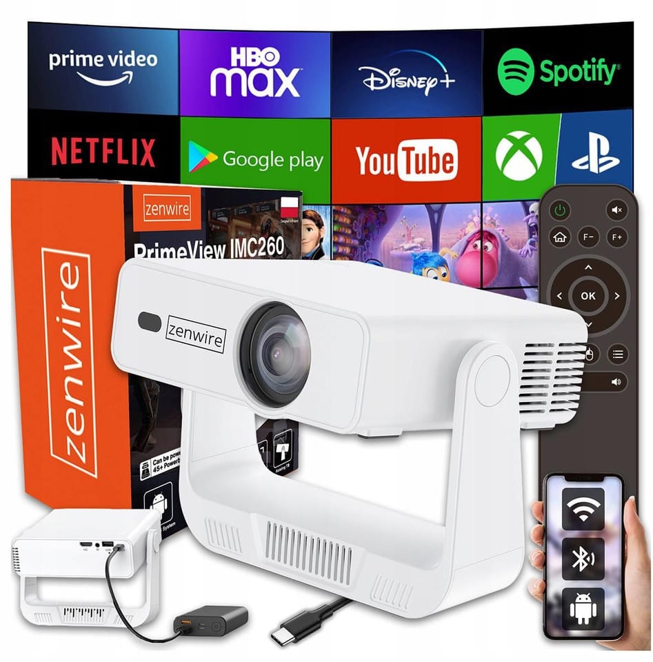 Mini Projektor Przenośny Rzutnik Android 14 WiFi 360 Full HD 4K do Telefonu Zenwire IMC260