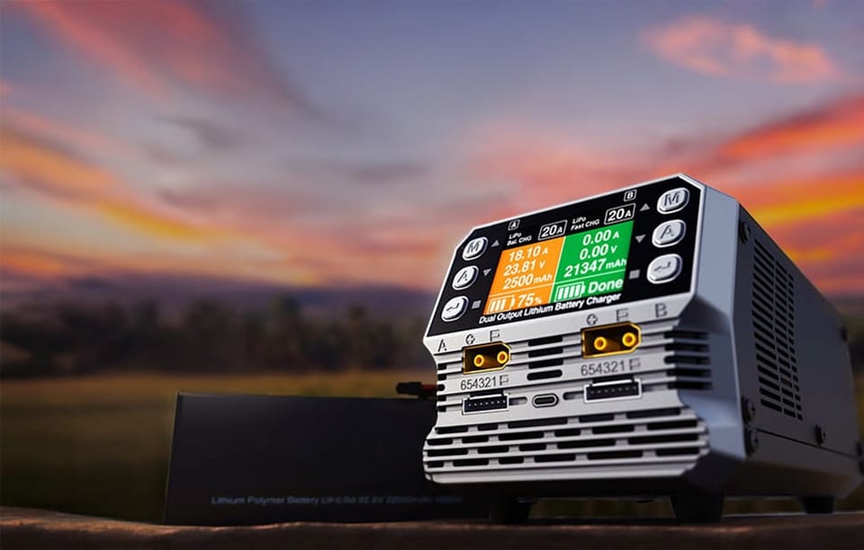 Dwukanałowa ładowarka akumulatorów litowych na tle zachodu słońca