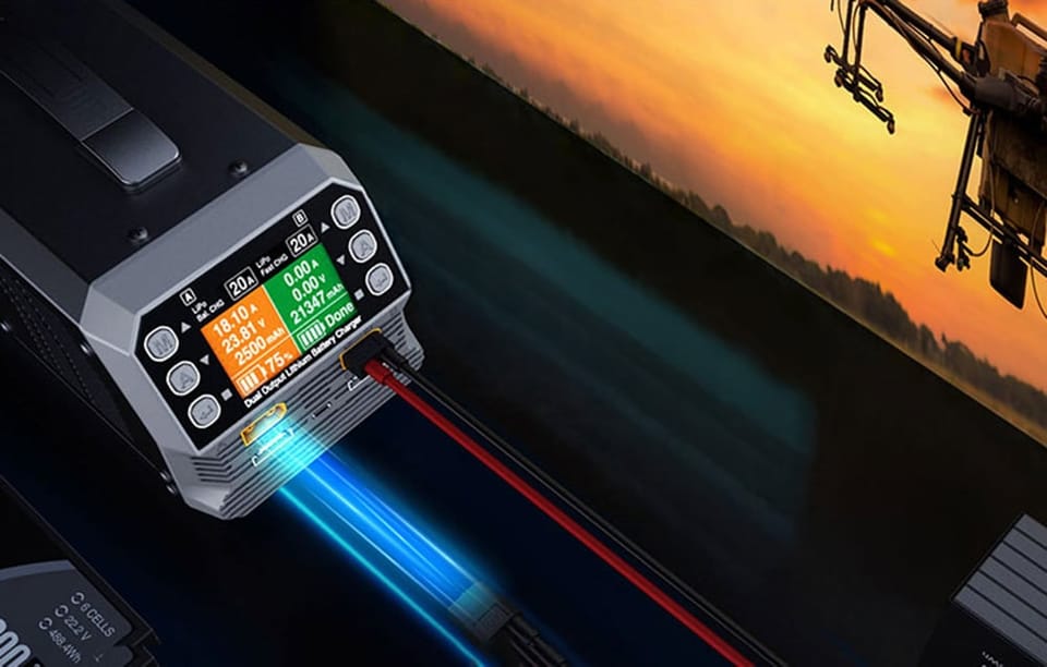 Dwukanałowa ładowarka akumulatorów litowych z podłączonymi kablami 