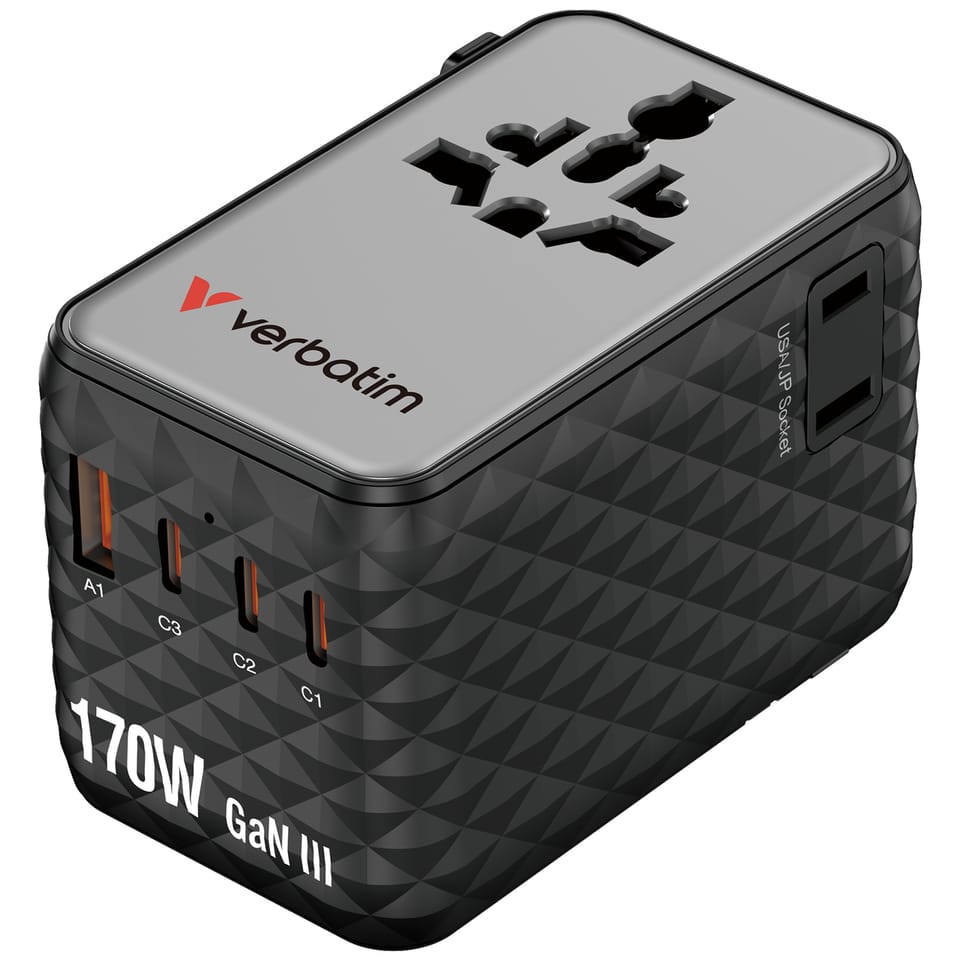 Verbatim Adapter podróżny EU/UK/US GaN   1xUSB-A/3xUSB-C PD 170W czarny 30190