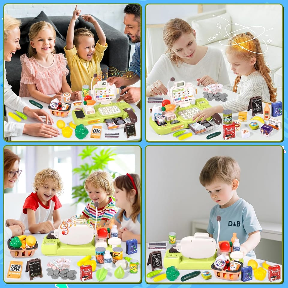 Edukacyjna sklepowa kasa fiskalna 30 El. Waga Kalkulator Czytnik Kodów Akcesoria