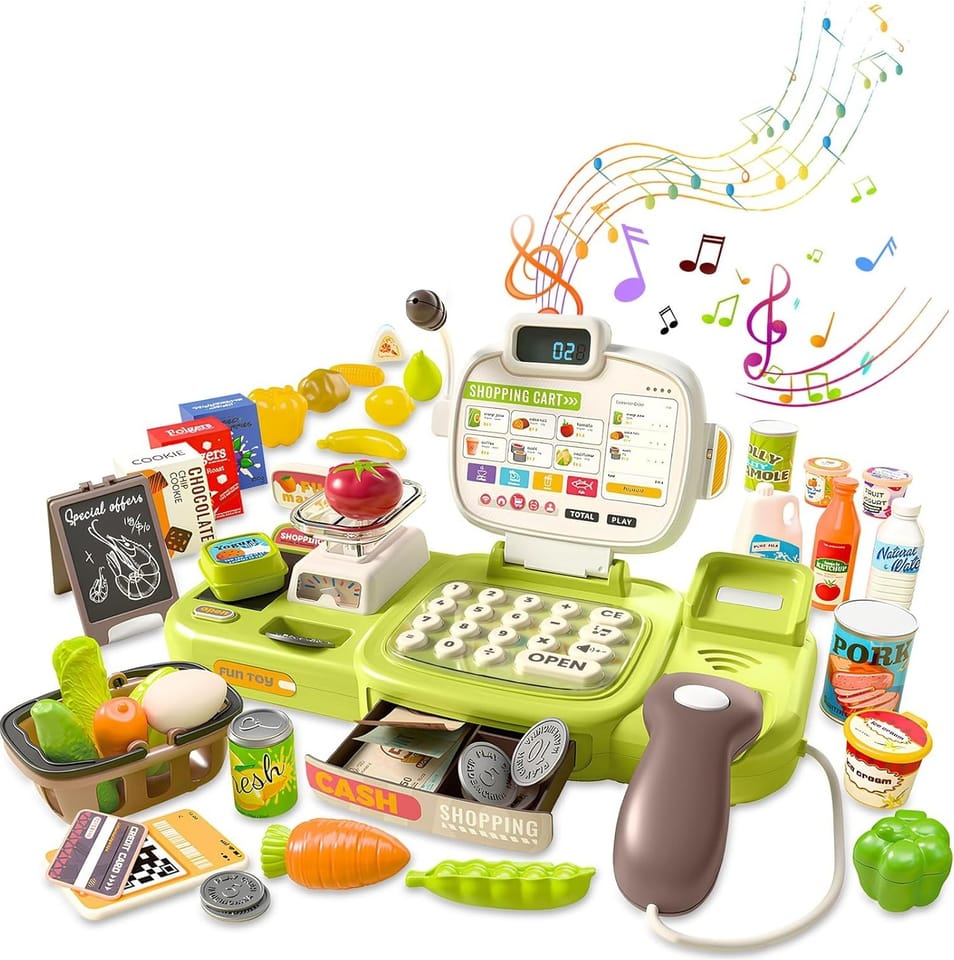 Edukacyjna sklepowa kasa fiskalna 30 El. Waga Kalkulator Czytnik Kodów Akcesoria