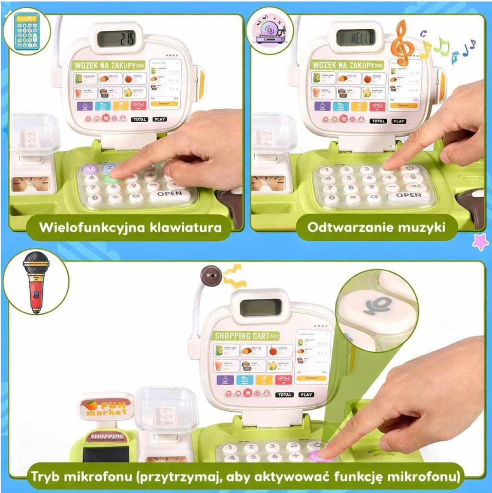 Edukacyjna sklepowa kasa fiskalna 30 El. Waga Kalkulator Czytnik Kodów Akcesoria