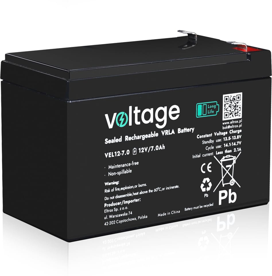 Akumulator AGM Voltage Long Life 12V 7Ah VEL12-7.0 (Żywotność 15 lat)