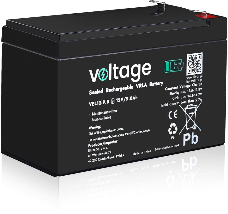 Akumulator AGM Voltage Long Life 12V 9Ah VEL12-9.0 (Żywotność 15 lat)