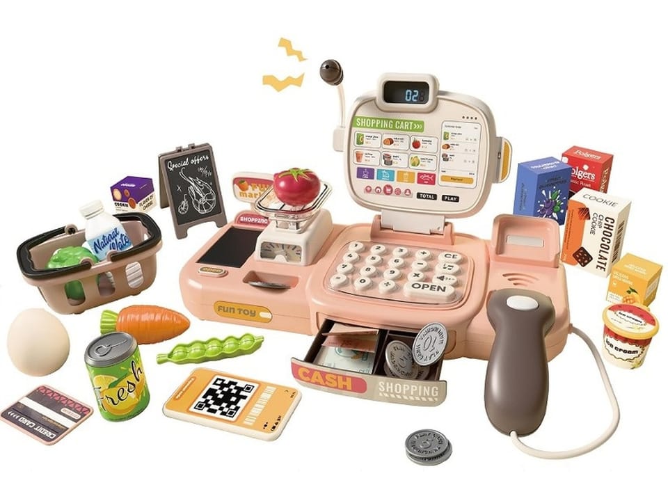 Edukacyjna sklepowa kasa fiskalna 30 El. Waga Kalkulator Czytnik Kodów Akcesoria