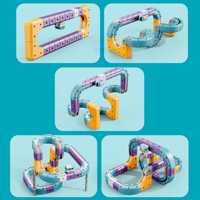 Tor Magnetyczny Zjazd samochodowy Kolejka Zjeżdżalnia Pociąg Klocki Konstrukcyjne 87 el.