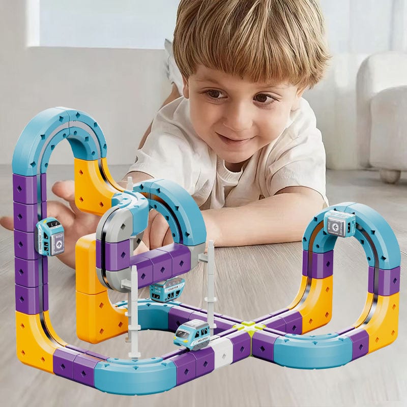 Tor Magnetyczny Zjazd samochodowy Kolejka Zjeżdżalnia Pociąg Klocki Konstrukcyjne 87 el.