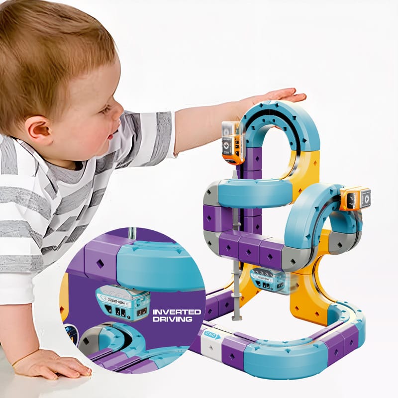 Tor Magnetyczny Zjazd samochodowy Kolejka Zjeżdżalnia Pociąg Klocki Konstrukcyjne 54 el.