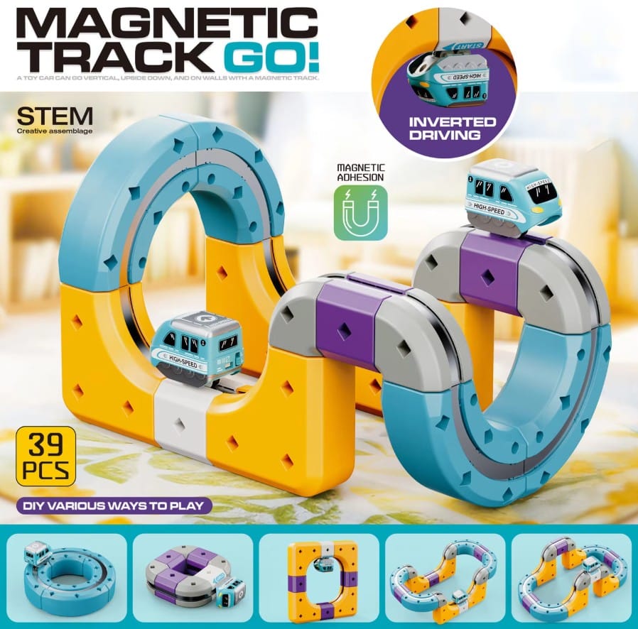 Tor Magnetyczny Zjazd samochodowy Kolejka Zjeżdżalnia Pociąg Klocki Konstrukcyjne 39 el.