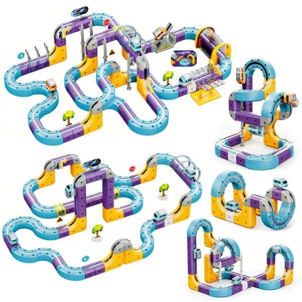 Tor Magnetyczny Zjazd samochodowy Kolejka Zjeżdżalnia Pociąg Klocki Konstrukcyjne 128 el.