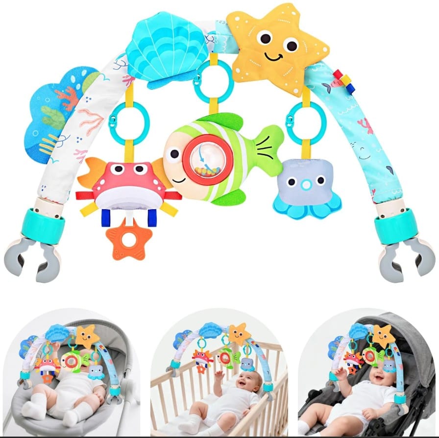 Pałąk Łuk Sensoryczny Z Zabawkami Grzechotki Do Łóżeczka Wózka Fotelika Zwierzęta Morskie
