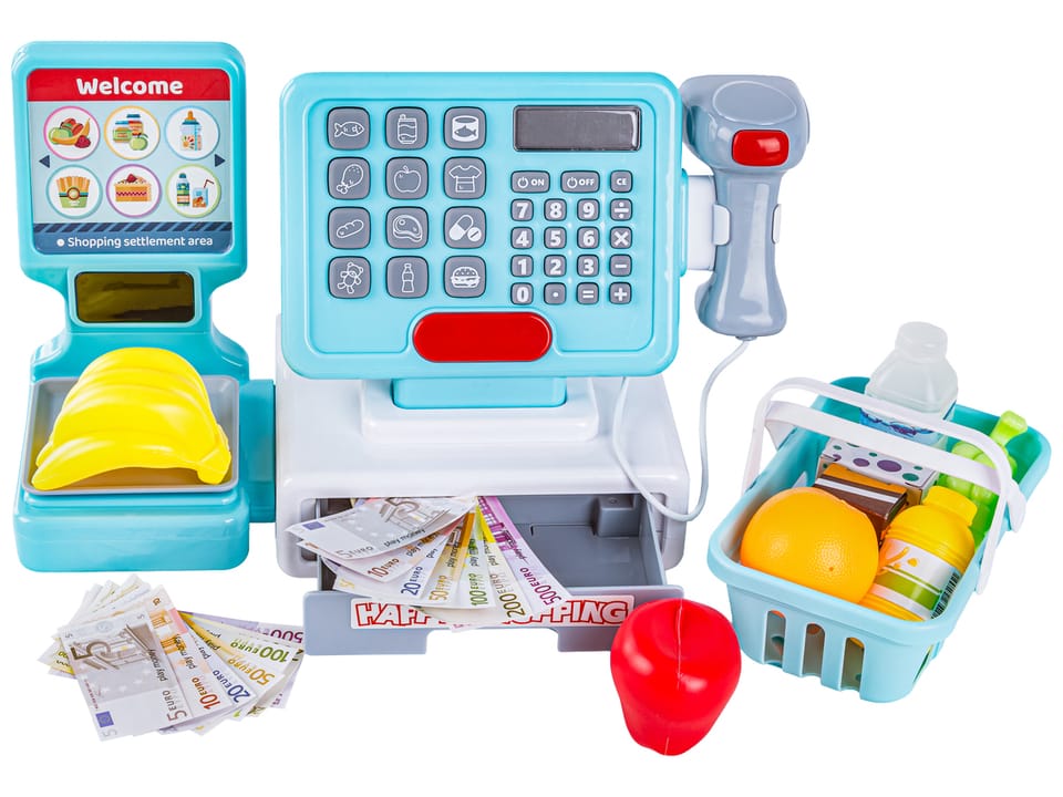 Nowoczesna Edukacyjna sklepowa kasa fiskalna - Waga Kalkulator Czytnik Kodów Akcesoria