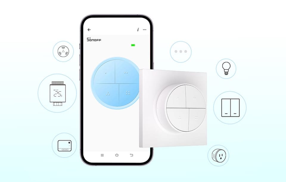 Smartfon z włączoną aplikacją Sonoff, obok inteligentny przycisk i ikonki symbolizujące różne urządzenia, w tym żarówkę i termostat