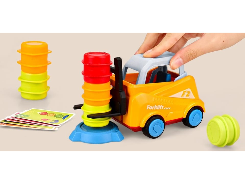 Wózek widłowy Gra zręcznościowa na refleks ZBUDUJ WIEŻĘ Układanka Ułóż beczki widlakiem Widlak
