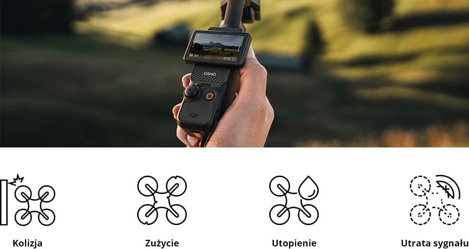 Dłoń trzyma kamerę DJI Osmo z ekranem, poniżej ikony przedstawiające kolizję, zużycie, utopienie i utratę sygnału