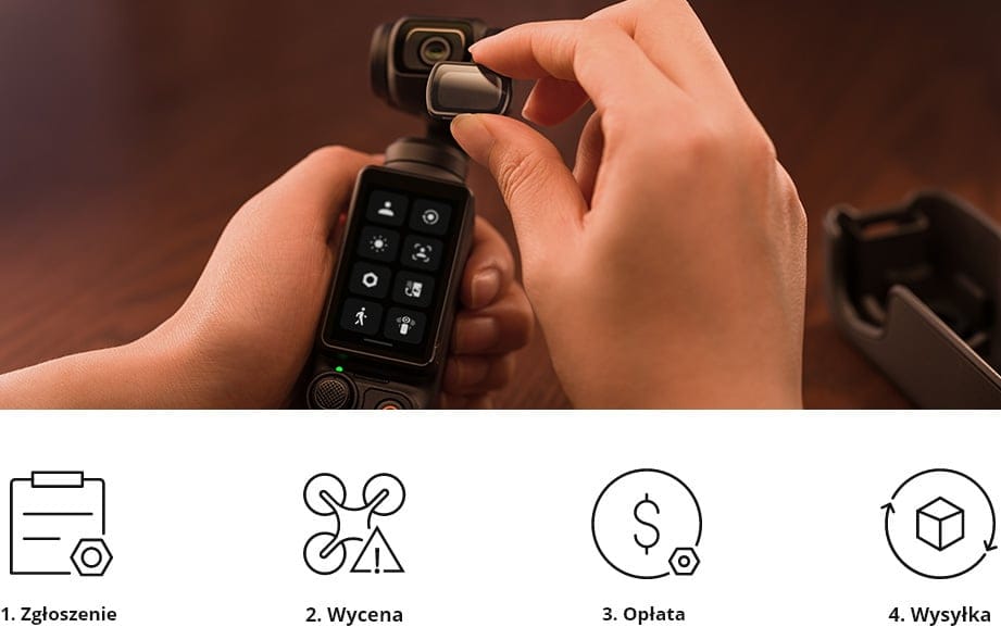 Dłoń montuje moduł na kamerze DJI Osmo, poniżej ikony przedstawiające etapy zgłoszenia, wyceny, opłaty i wysyłki
