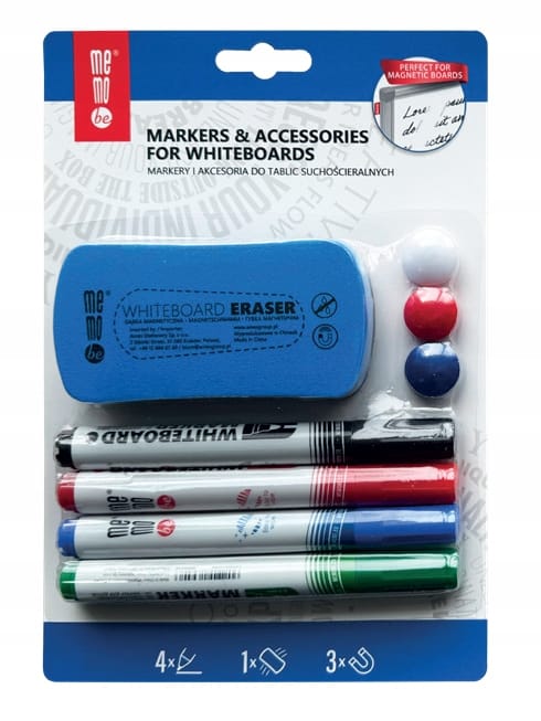 Markery do tablic i flipchartów 4 kolory + gąbka i magnesy MZ006 MEMOBE