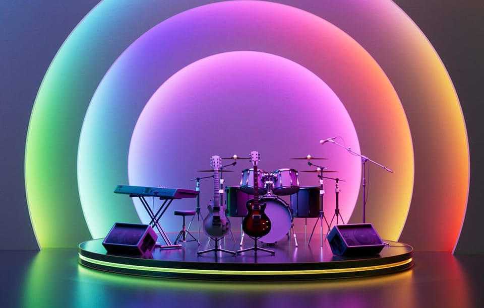 Scena z instrumentami na tle kolorowych świateł