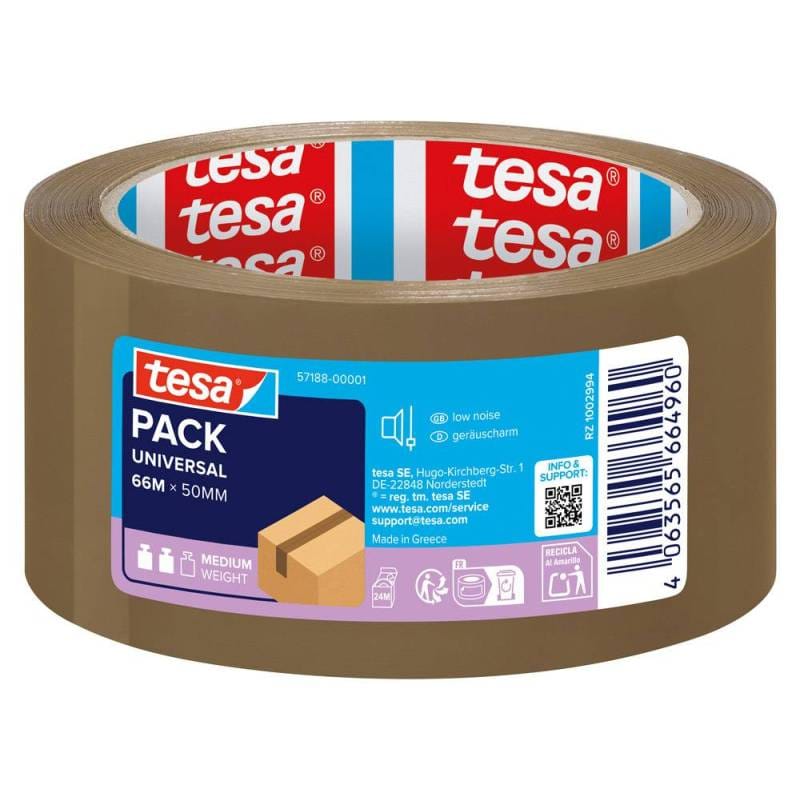 Taśma pakowa UNIVERSAL 66m x 50mm BRĄZOWA cicha 57188 TESA