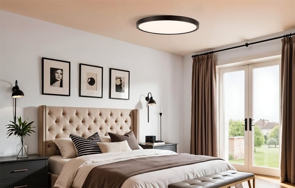 Lampa sufitowa Yeelight Meteor C400 w sypialni z tapicerowanym zagłówkiem, trzema obrazami na ścianie i dużymi drzwiami balkonowymi.