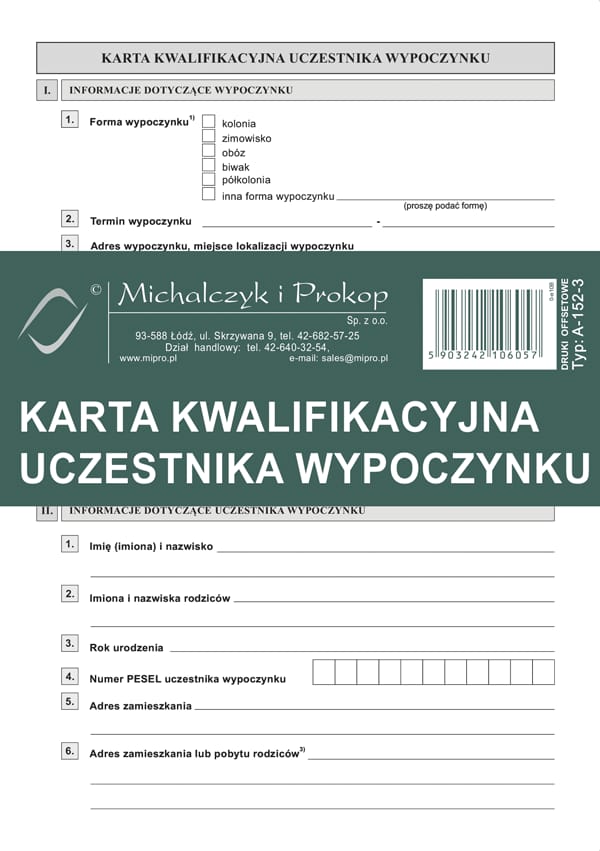 A-152-3 Karta kwalifikacyjna uczestnika wypoczynku A5 Michalczyk i Prokop