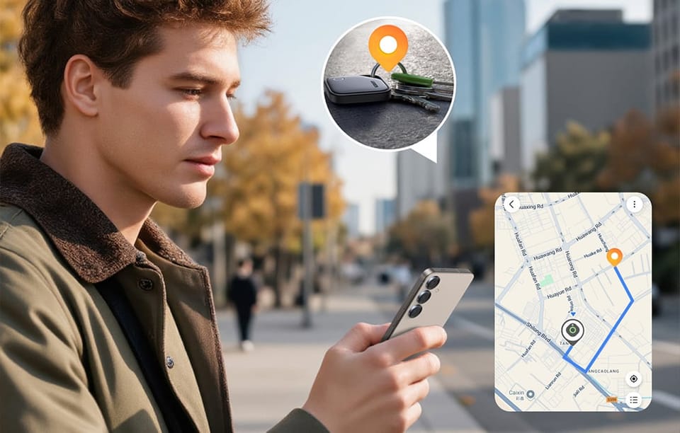 Mężczyzna trzyma w dłoni smartfon, obok mapa
