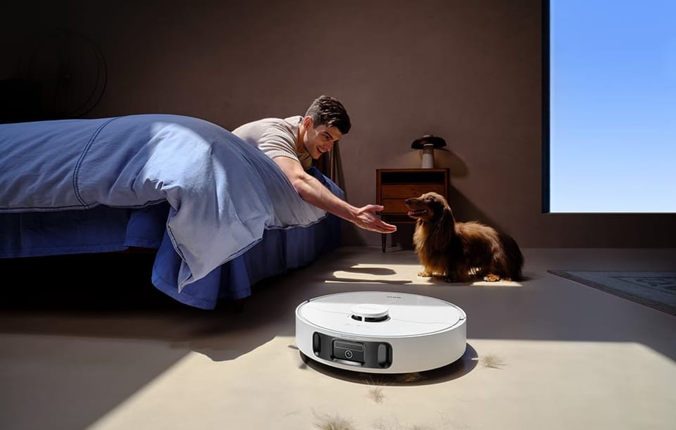 Mężczyzna wyciąga dłoń w kierunku psa. Obok robot sprzątający odkurza podłogę.