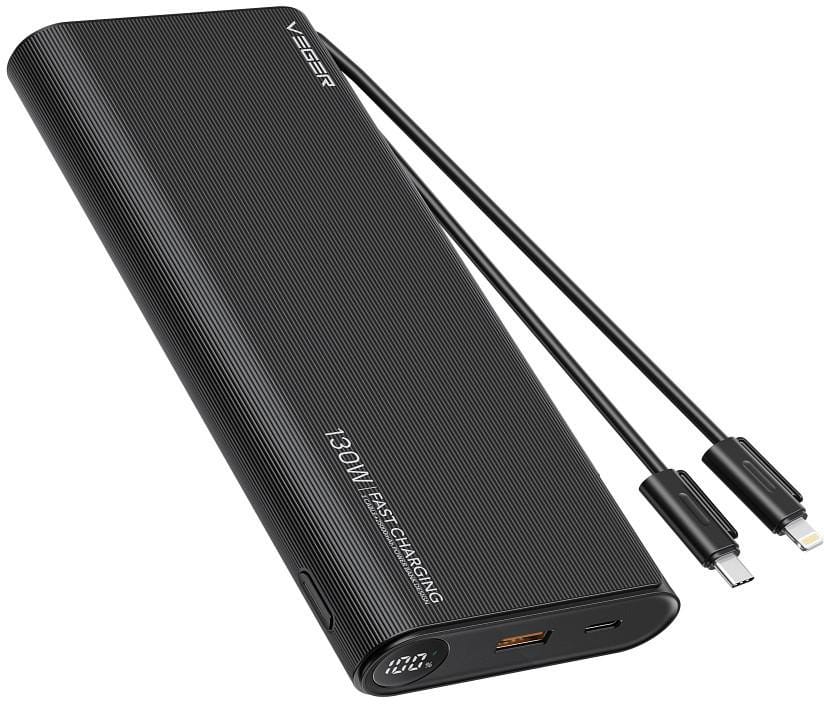 Powerbank Veger 25000 mAh 130 W PD QC 3.0 USB-A USB-C czarny z kablami USB-C i Lightning