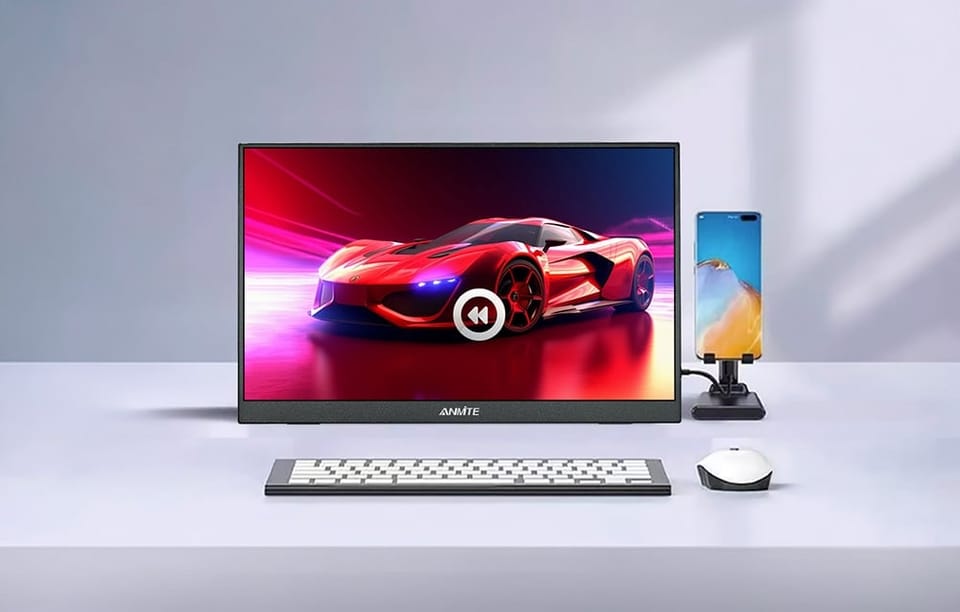 Stanowisko pracy z monitorem wyświetlającym czerwone auto, klawiaturą, myszką i smartfonem.