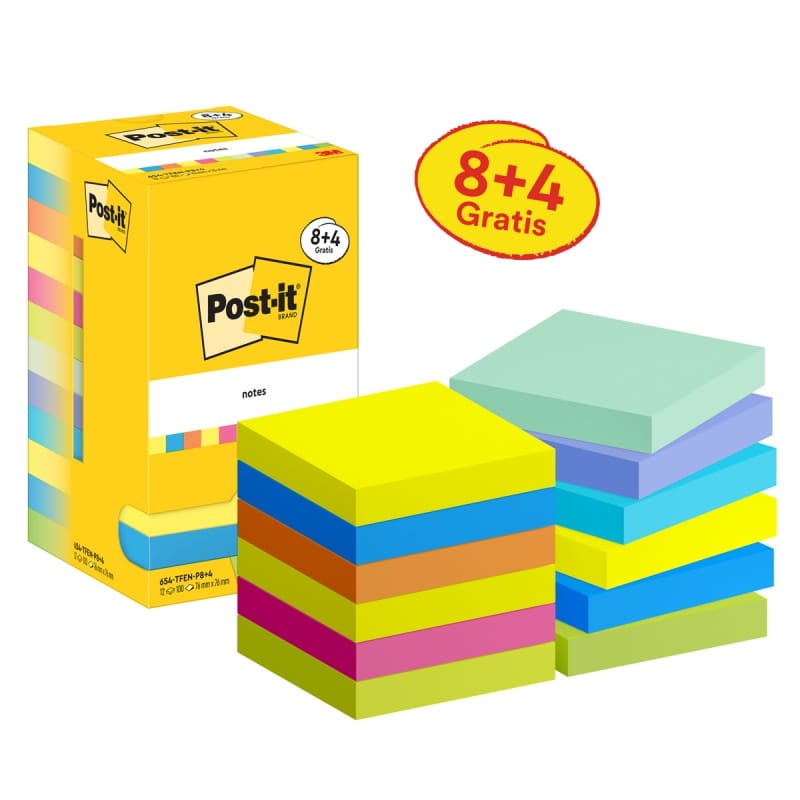 Bloczek samoprzylepny 76x76mm Energetic 8+4gratis 100kartek mix kolorów 3M