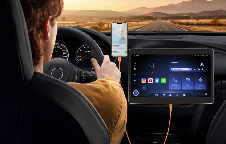 Kierowca korzysta z nawigacji na smartfonie podłączonym kablem UGREEN w samochodzie.