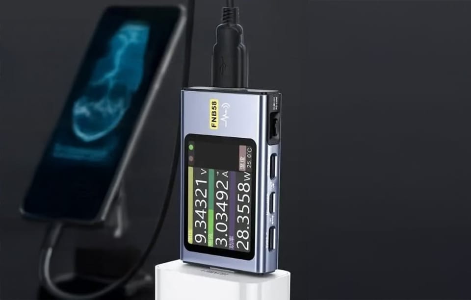 tester portu USB połączony do zasilania i smartfona znajdującego się w tle